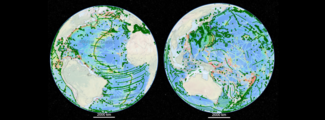 Global images showing the tracklines of vessels in the ocean to map underwater features