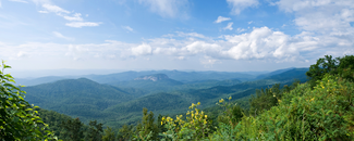 Alt text: Photo of the Blue Ridge Mountains behind trees with a blue sky full of clouds overhead.