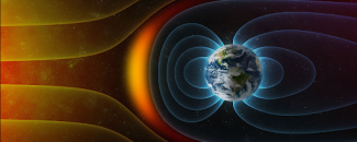A digitally rendered Earth emitting visible blue lines symbolizing its geomagnetic field