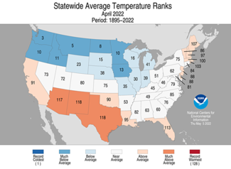 Map of April 2022 U.S. statewide average temperature rankings