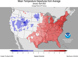 Map of the U.S. showing temperature departure from average for January-April 2023 with warmer areas in gradients of red and cooler areas in gradients of blue.