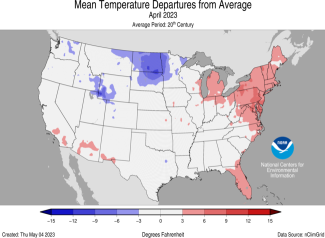 Map of the U.S. showing temperature departure from average for April 2023 with warmer areas in gradients of red and cooler areas in gradients of blue.