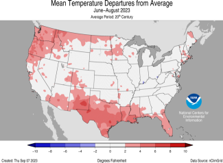 Alt text: Map of the U.S. showing temperature departure from average for June-August 2023 with warmer areas in gradients of red and cooler areas in gradients of blue.