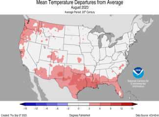 Alt text: Map of the U.S. showing temperature departure from average for August 2023 with warmer areas in gradients of red and cooler areas in gradients of blue.