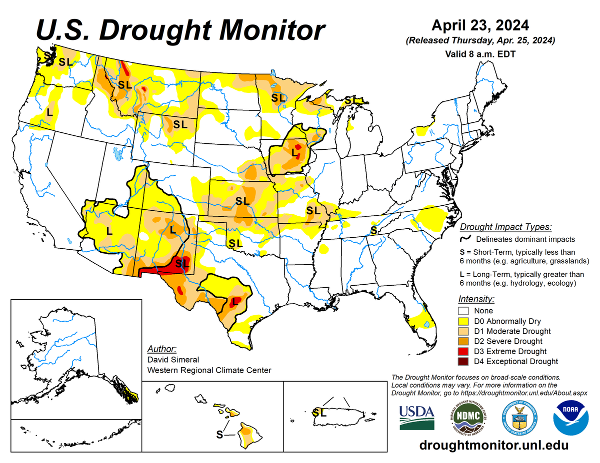 U.S. Drought Monitor map for April 23, 2024.