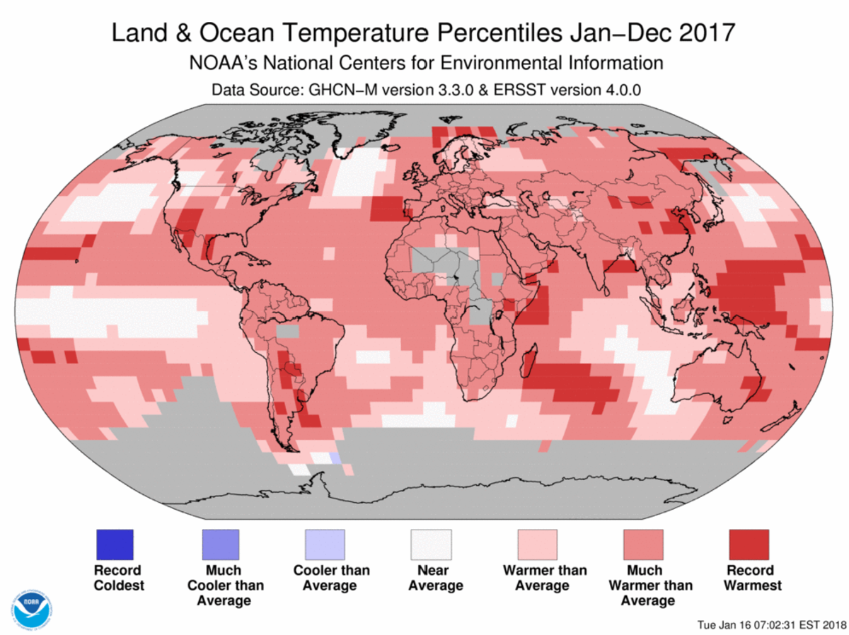 Map of global temperature percentiles for January to December 2017