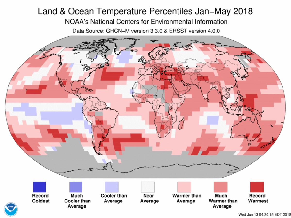 Map of global temperature percentiles for January to May 2018