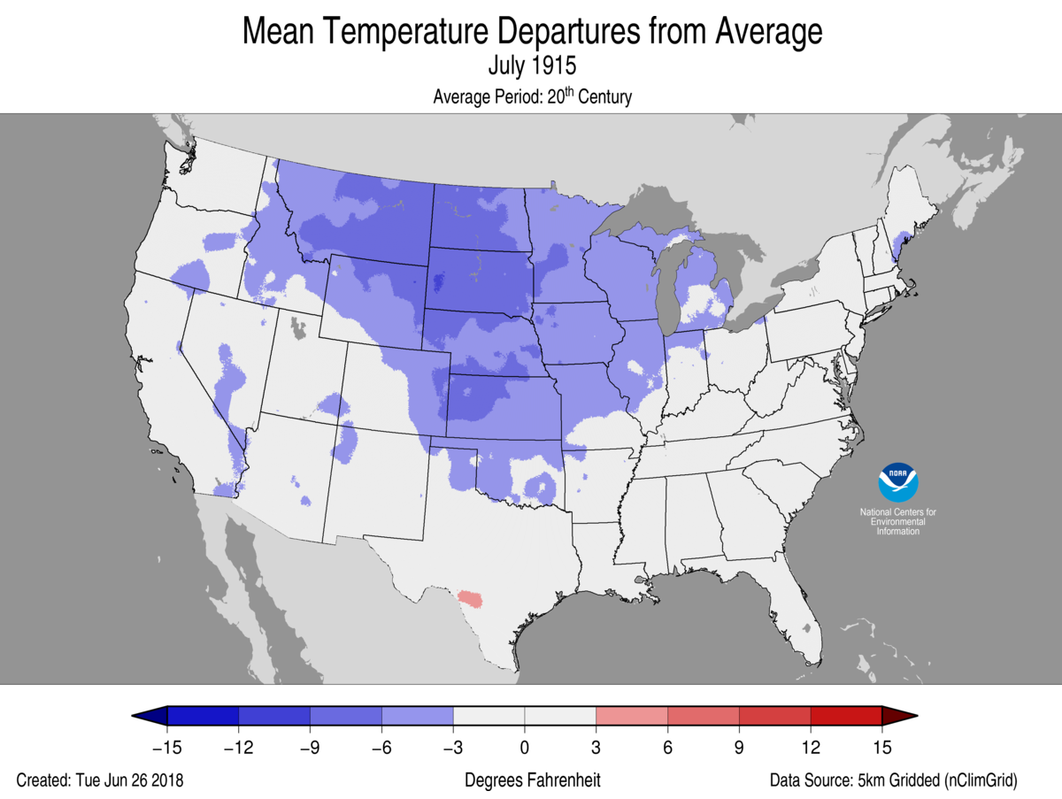 Map of July 1915 U.S. average temperature departures from average