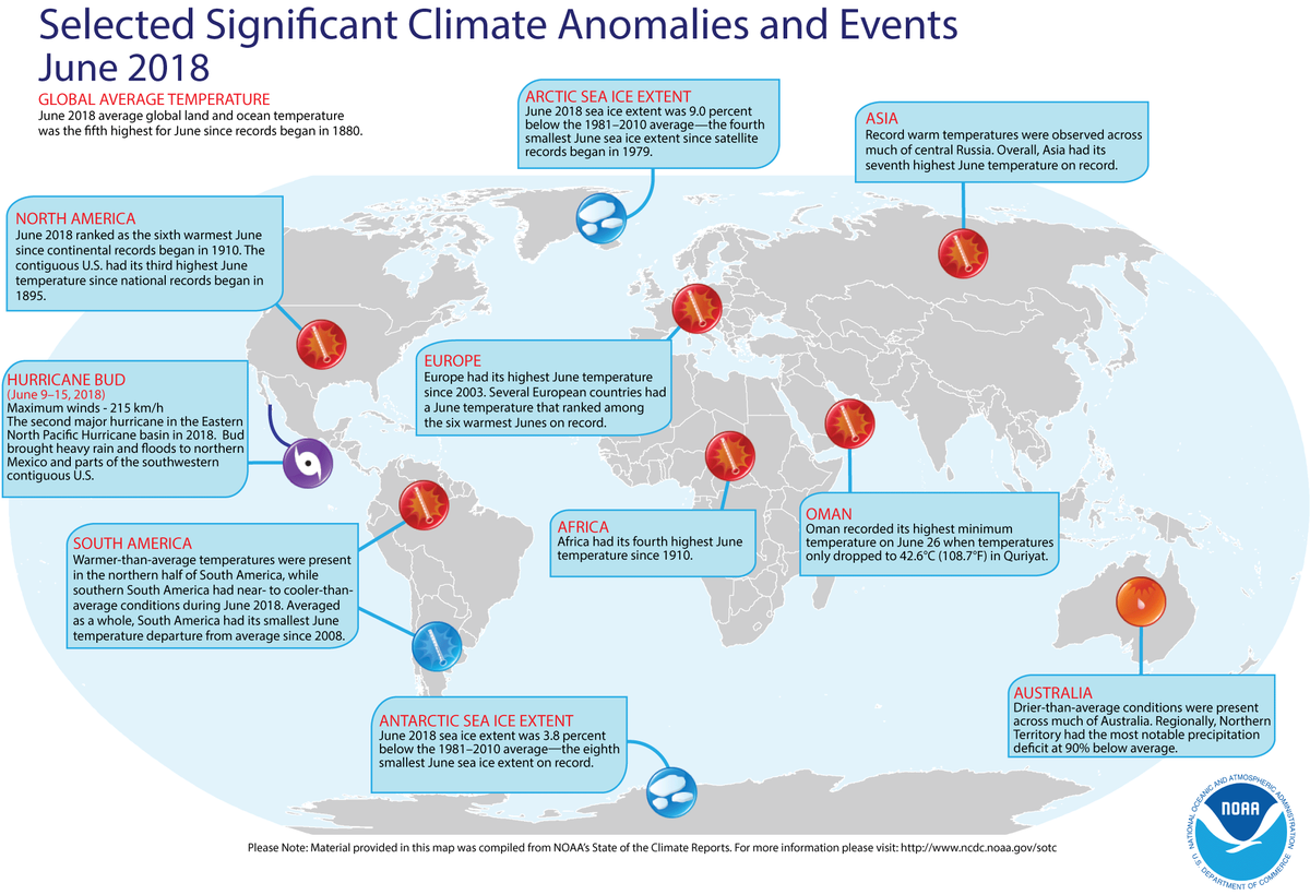 Map of global selected significant climate anomalies and events for June 2018