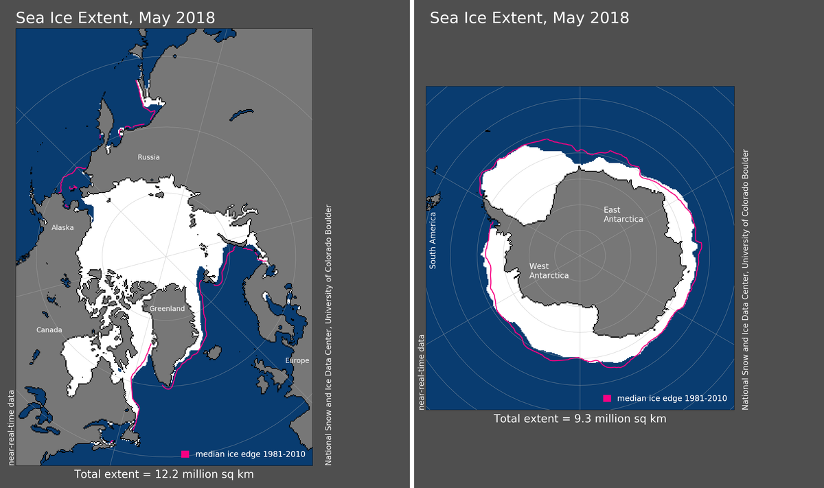 Maps of Arctic and Antarctic sea ice extent in May 2018