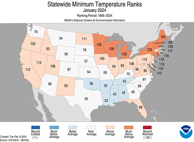 January 2024 Statewide Minimum Temperature Ranks