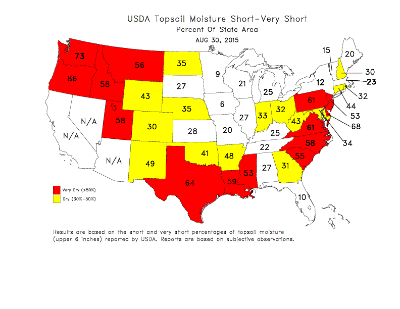 USDA topsoil moisture short to very short