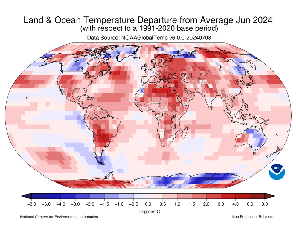 June 2024 Blended Land and Sea Surface Temperature Anomalies in degrees Celsius