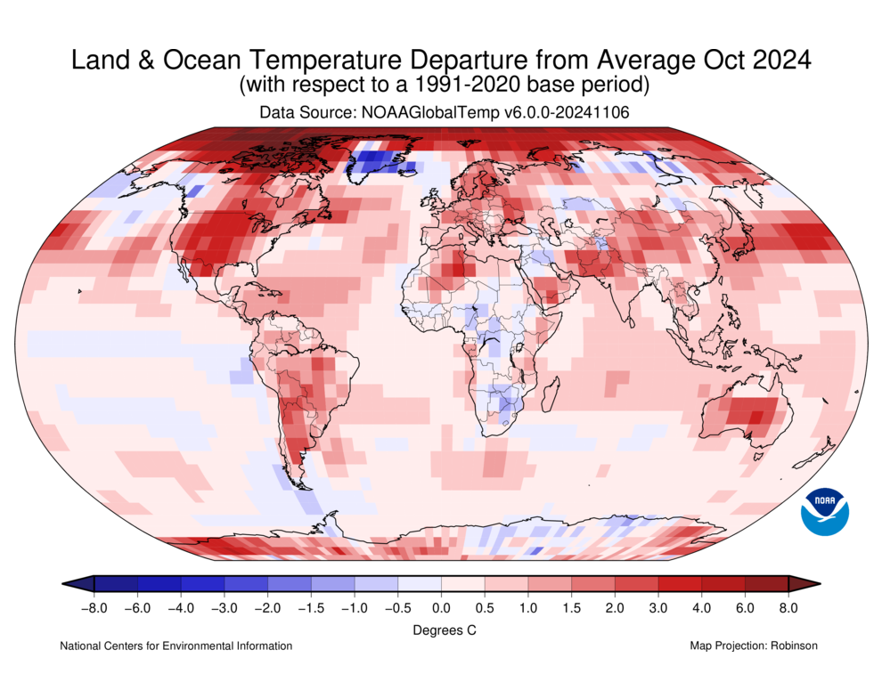 October 2024 Blended Land and Sea Surface Temperature Anomalies in degrees Celsius