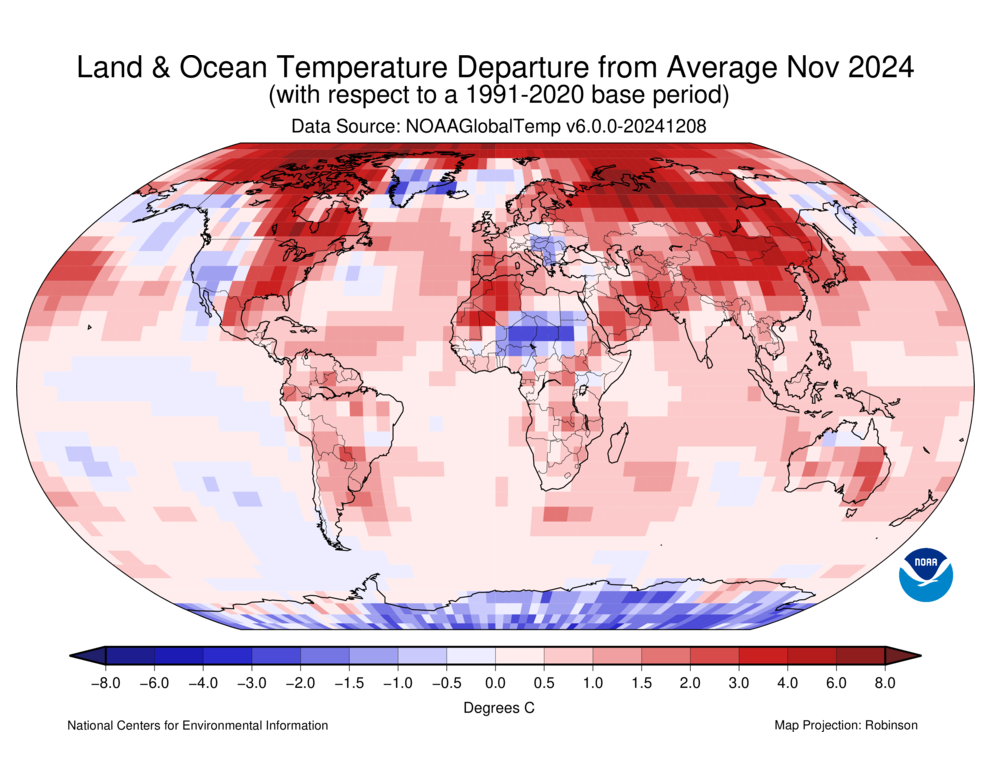 November 2024 Blended Land and Sea Surface Temperature Anomalies in degrees Celsius