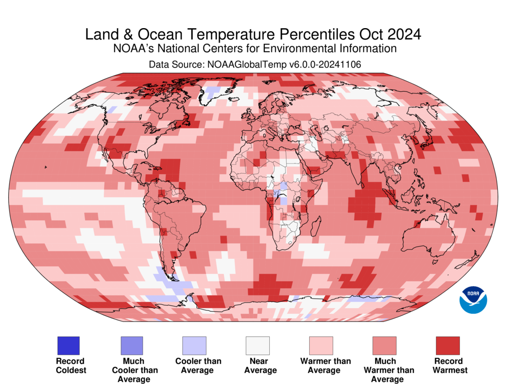 October 2024 Blended Land and Sea Surface Temperature Percentiles