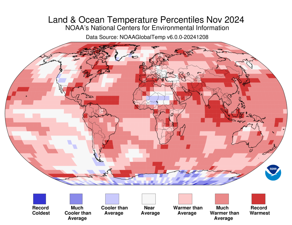 November 2024 Blended Land and Sea Surface Temperature Percentiles