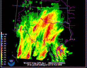 Animation of precipitation totals across Texas during November 15-18, 2004