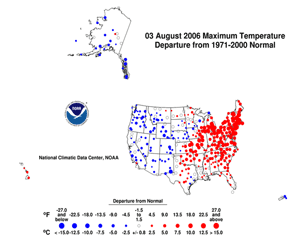 Map depicting high temperature anomalies across the United States on August 3, 2006 