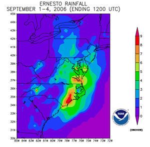 Rainfall from Tropical Storm Ernesto during September 1-4, 2006