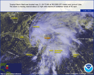Satellite image of Tropical Storm Noel on October 30, 2007