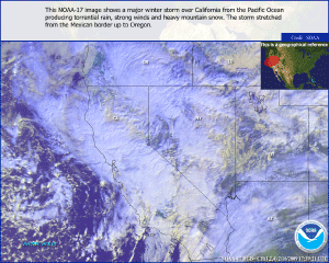 Satellite image of a winter storm over California on 16 February 2009