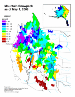 Map of Mountain Snowpack on May 1, 2008