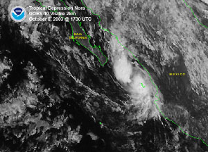 Click Here for a visible satellite image of Tropical Depression Nora on October 8, 2003 