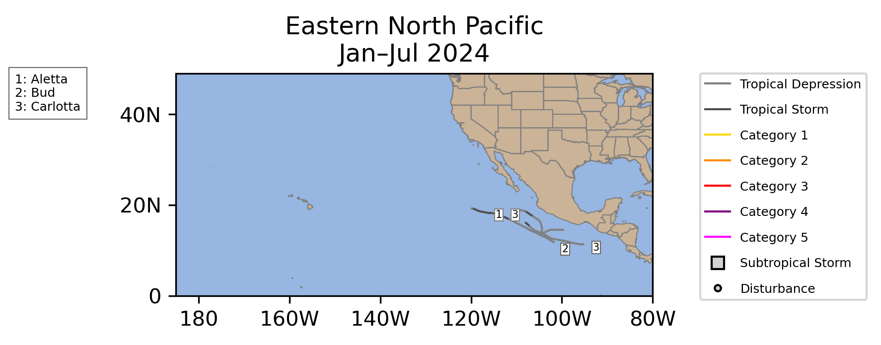 East Pacific Tropical Cyclone Storm Tracks January-July 2024