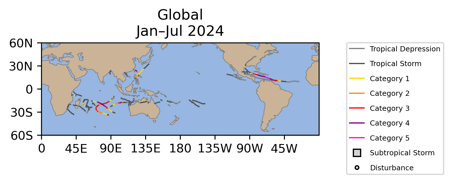 Global Tropical Cyclone Storm Tracks January-July 2024