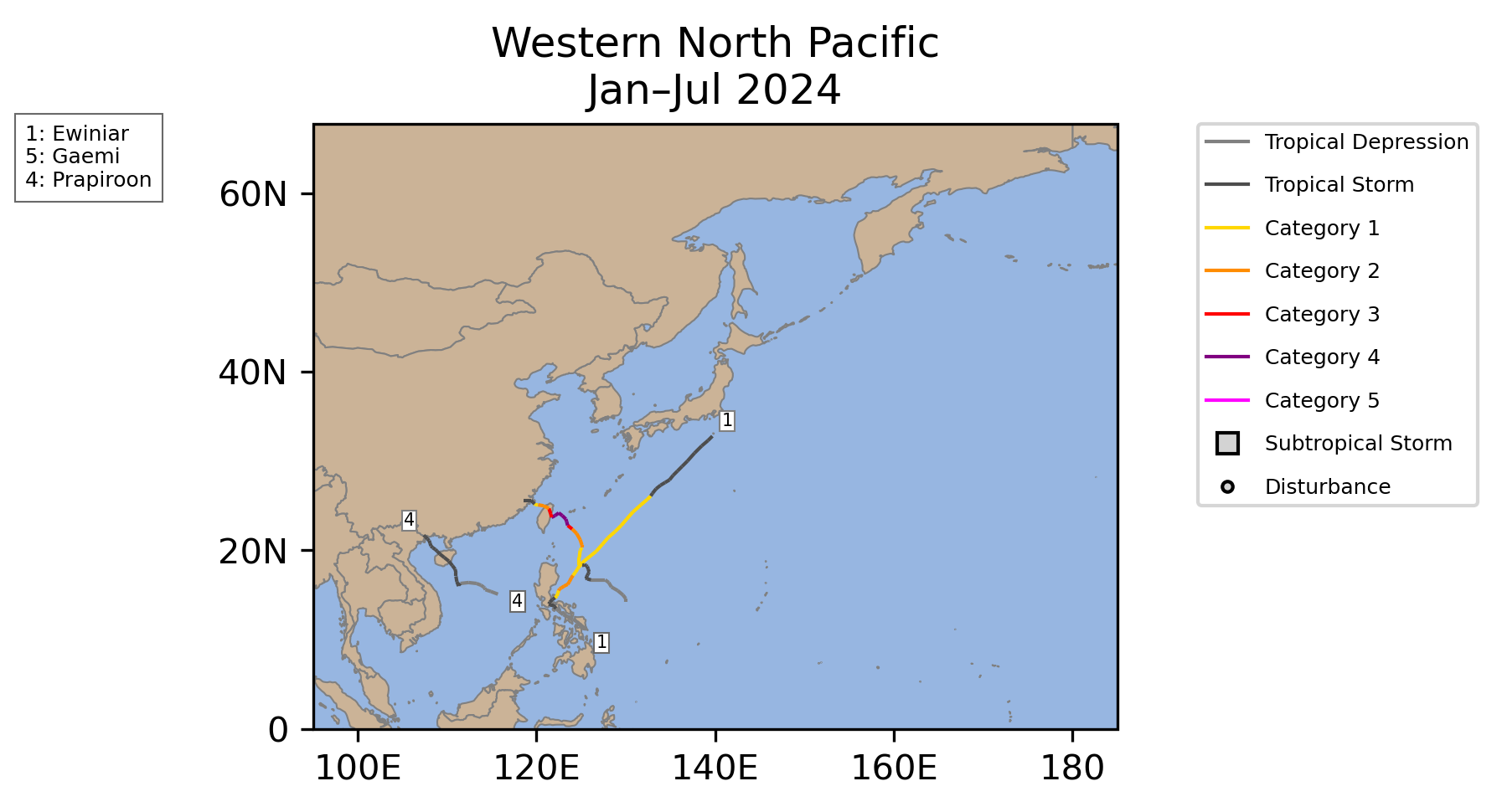 West Pacific Tropical Cyclone Storm Tracks January-July 2024