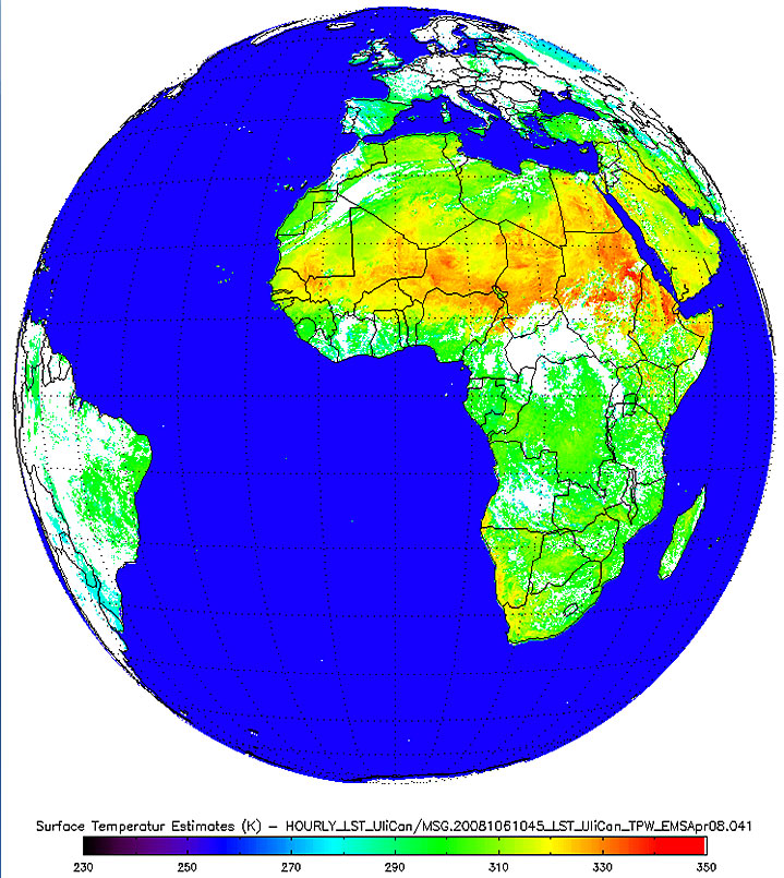 Example of the Land Surface Temperature (LST) product as generated by the GOES-R Land Surface Temperature algorithm.