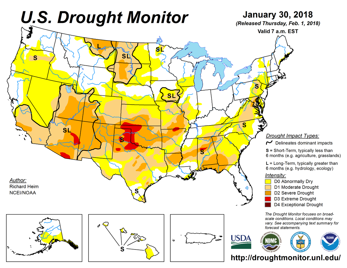 U S Drought Monitor Update For January 30 2018 National Centers For   January 30 2018 Us Drought Monitor Map 