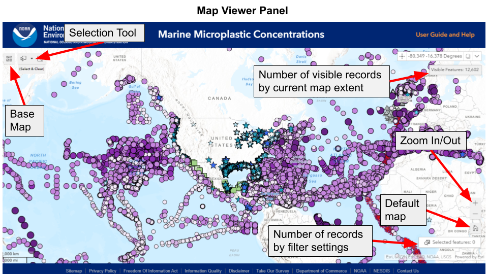 Figure 4 shows and describes the viewer panel elements on the Marine Microplastics Concentrations interactive map.  The base map and select tool buttons are in the top left corner of the screen, the zoom controls and default map view are in the bottom right corner.