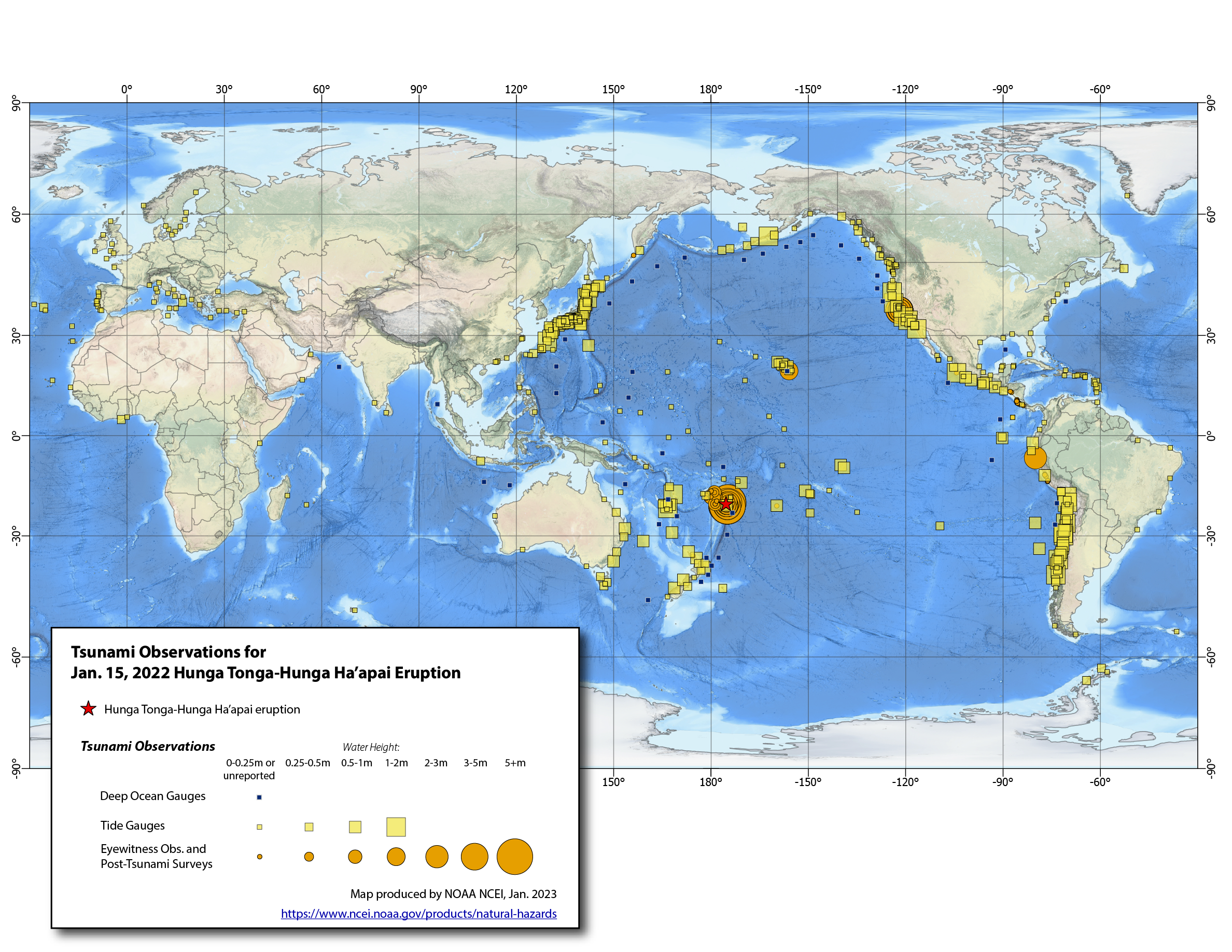 Global map of Tsunami Observations in Tonga for January 15, 2022 Hunga Tonga-Hunga Ha'apai Eruption with tide gauge and eyewitness observations marked.