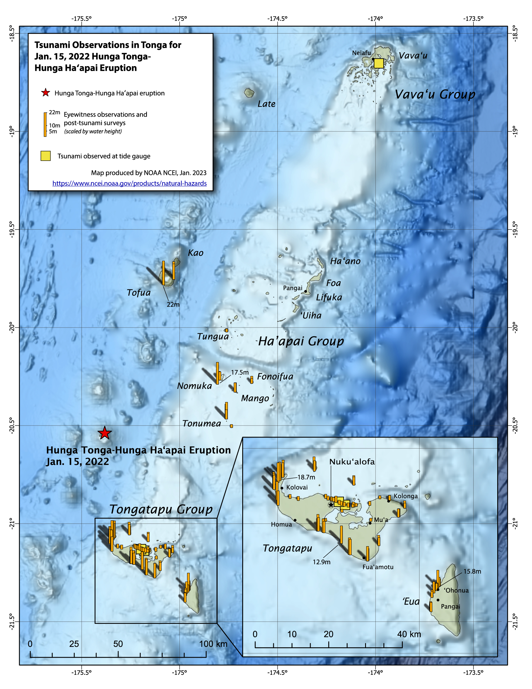 Regional map of Tsunami Observations in Tonga for January 15, 2022 Hunga Tonga-Hunga Ha'apai Eruption with tide gauge and eyewitness observations marked.