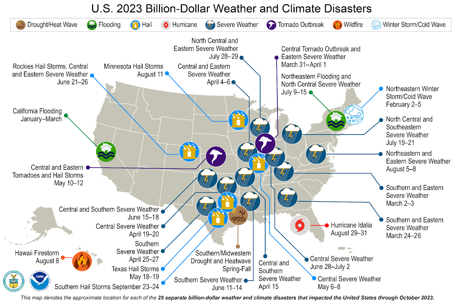 Map of the United States 2023 Billion-Dollar Weather and Climate Disasters, with 25 events shown on the map.