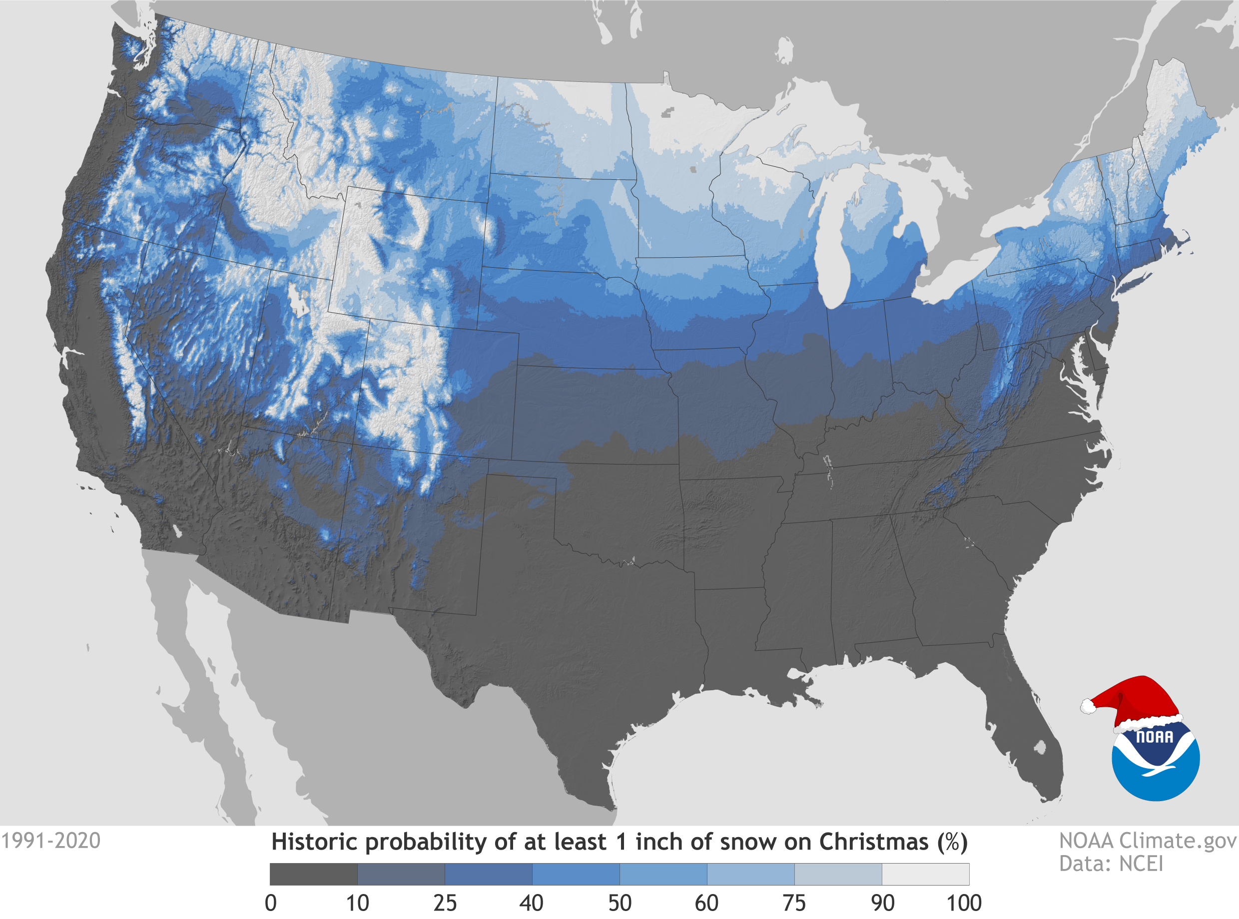 Map from Climate.gov showing the historic probability of at least 1 inch of snow on Christmas day.