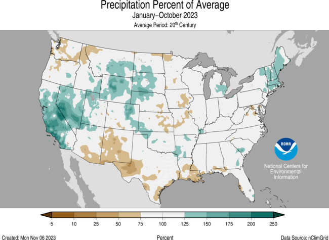Map of the U.S. showing percent of average precipitation for January–October 2023 with wetter areas in gradients of green and drier areas in gradients of brown.