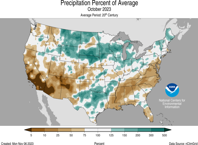 Map of the U.S. showing percent of average precipitation for October 2023 with wetter areas in gradients of green and drier areas in gradients of brown.