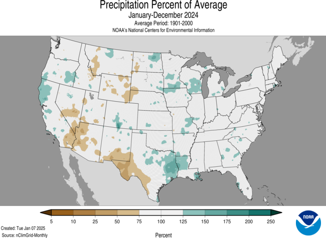 Map of the U.S. showing precipitation percent of average for 2024 with wetter areas in gradients of green and drier areas in gradients of brown.