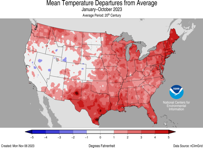 Map of the U.S. showing temperature departure from average for January-October 2023 with warmer areas in gradients of red and cooler areas in gradients of blue.