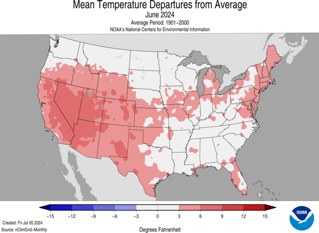 Map of the United States depicting Mean Temperature Departures from Average for June 2024. 