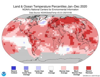 2020 Global Land and Ocean Temperature Percentiles Map