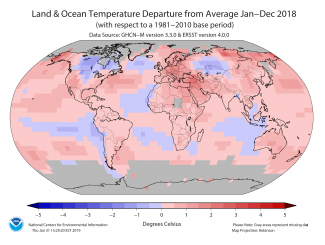 Map of global departure from normal temperature percentiles January to December 2018