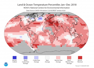 Map of global temperature percentiles for January to December 2018