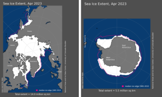 Map of Arctic and surrounding regions of Canada, Alaska, Greenland, and Russia and map of Antarctica and surrounding ocean showing sea ice extent in white for April 2023.