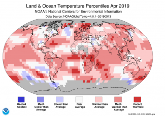 Map of global temperature percentiles for April 2019