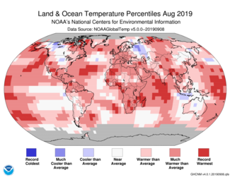 Map of global temperature percentiles for August 2019 