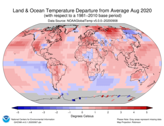 August 2020 Global Departures from Average Map